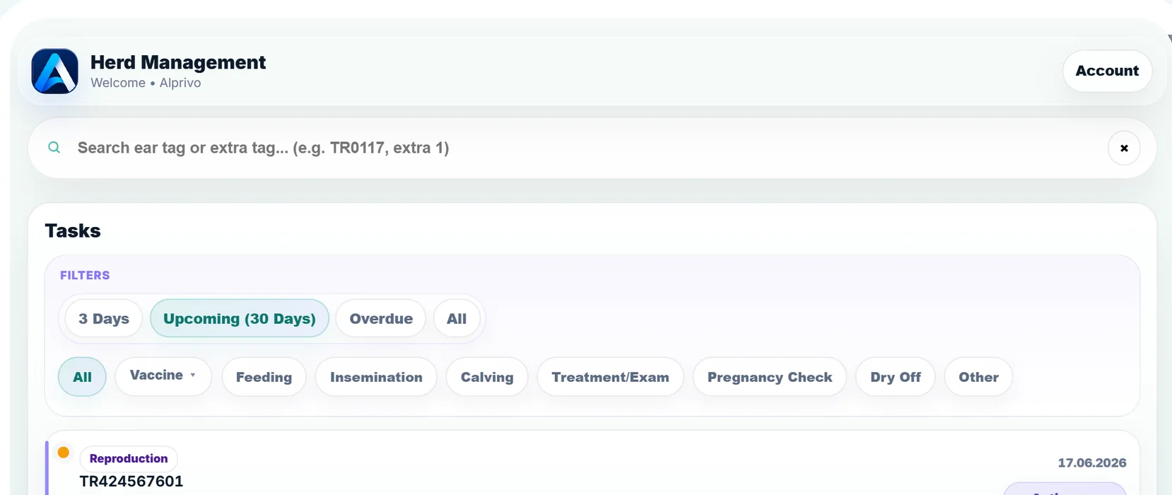 Alprivo English tablet agenda with upcoming and scheduled tasks