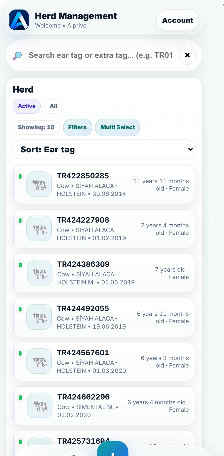 Alprivo English herd screen with animal search and records