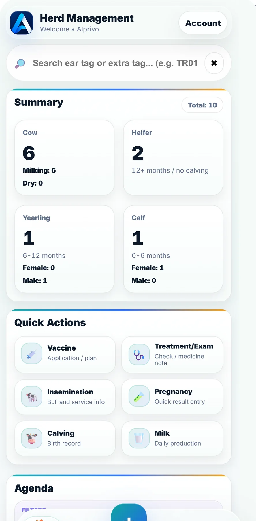 Alprivo English home screen with herd summary, Herd Assistant, and quick actions