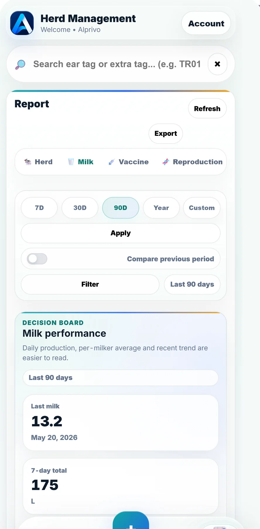 Alprivo English reports screen with herd and operation reports