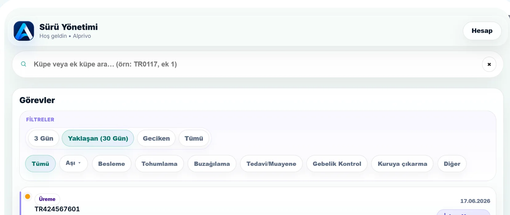 Alprivo Türkçe ajanda ekranında buzağılama ve takip görevleri
