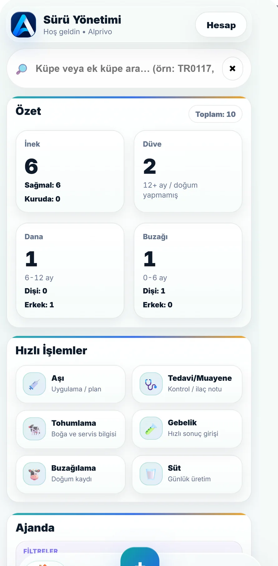 Alprivo Türkçe ana ekranında aşı ve tedavi hızlı işlemleri