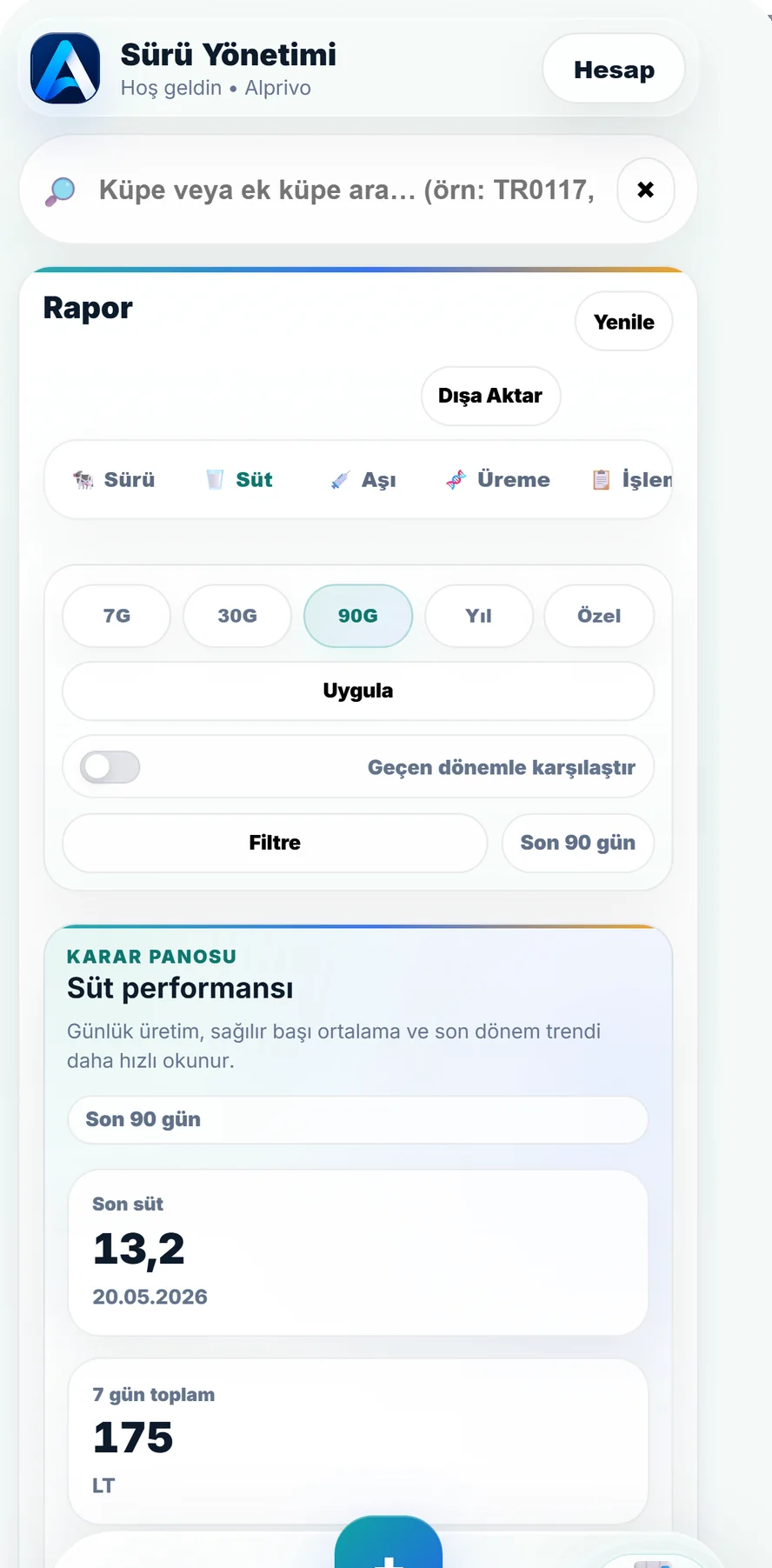 Alprivo Türkçe rapor ekranında süt ve işletme raporu seçenekleri